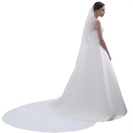 Xiomot Pearl Bride Veil 1 Tier White Long Chapel 90'' Length Wedding Bridal Tulle Veil with Comb for Women Wedding Bridal Shower Engagement Bachelorette Party