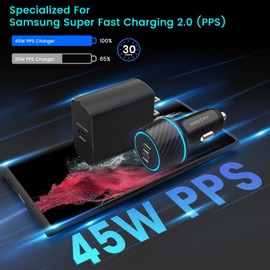 45W USB-C Charger, 2-Pack 45 Watt Super Fast Charger Type C PPS Wall/Car Charger for Galaxy S24 Ultra/S24+/S23 Ultra/S23+/S23/S22 Ultra/Note 10+, Tab S9 (12FT+6.6FT 5A Type C Cable)