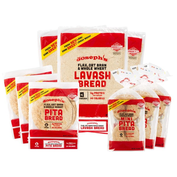 Joseph's Combo Value Pack, Flax, Oat Bran & Whole Wheat, Low Carb Pita Bread, Lavash Bread, and MINI Pita, Fresh Baked (3 Packs Each, 9 Packages Total)
