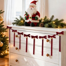 Christmas Red Velvet Bow Garland Banner with Jingle Bells, Ribbon Bows and Bells Banner Christmas Bow Garland Hanging Ornaments for Home Mantel Fireplace Wall Staircase Xmas Tree Decor