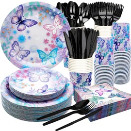 175Pcs Butterfly Birthday Party Supplies Set 9"Butterfly Dinner Plates 7"Pink Butterfly Dessert Plates Napkins Cup Knive Fork Spoon for Bridal Shower Butterfly Girl Party Birthday Decorations (purple)