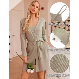 Ekouaer Womens 3 Piece Waffle Knit Lounge Set Soft Pajama Sets Tank Top and Shorts Cardigan with Pockets (Khaki, L)