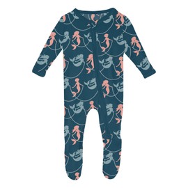 KicKee Print Footie with Zipper, Fitted Long Sleeve Pajamas, Ultra Soft Everyday One-Piece Loungewear, Baby and Kid Clothes for Boys and Girls (Peacock Mermaids & Pearls - 3-6 Months)