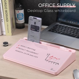 TOWON Small Glass Desktop Whiteboard with Storage – 12 x 7 in Dry Erase Board for Desk, Home Office, School | Includes 5 Markers, Eraser & Holder | Space-Saving Organizer, Aesthetic Pink Design