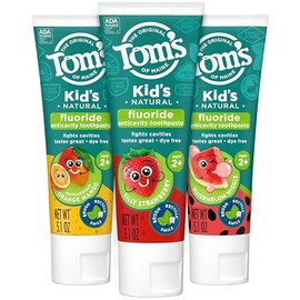 Tom's of Maine Anticavity Kids Natural Toothpaste Variety Pack, Strawberry, Orange Mango, Watermelon Flavors, Kids Toothpaste with Fluoride, Safe for 