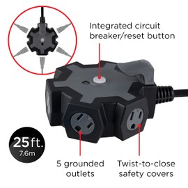 UltraPro Heavy Duty 5-Outlet Hub, 25Ft Grounded Outdoor Extension Cord, 14 AWG, Resettable Circuit Breaker and Storage Hook, Ideal for Seasonal Lighting, Decorations and Appliances, Gray, 62438