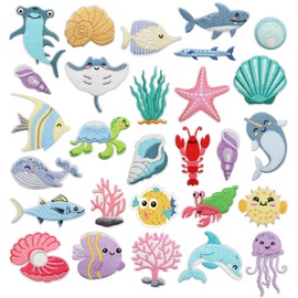 28pcs Sea Animal Iron/Sew on Patches Marine Organisms Embroidered Patches Iron Cute Summer Embroidered Applique for Ocean Beach Decration for Clothes, Hat, Bag, Jeans