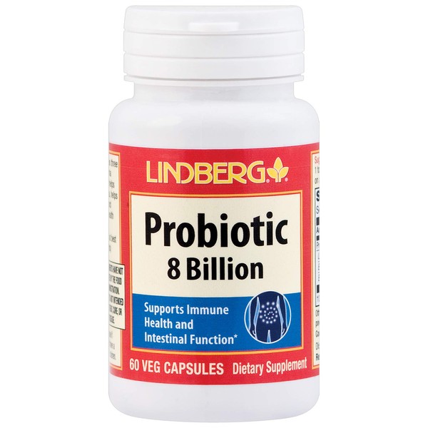 Lindberg Probiotic 8 Billion, 3-Strain Blend, Vegan, Dairy Free, Gluten Free, 60 Veg Capsules
