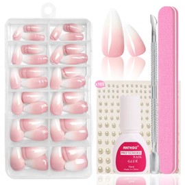 False Nails Tips Set - 120 Pieces French False Nails for Sticking - White Pink Gradient Design Artificial Nails Nail Art Manicure Fake Nails for Women and DIY (Baby Pink Long Almond)