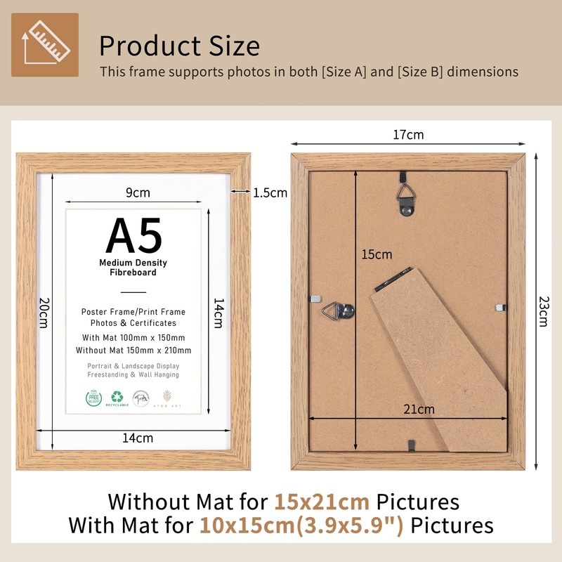A5/15x21cm Picture Frame Set of 3, Display 10x15cm with Mat