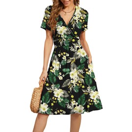 WEACZZY Women Dress with Pockets Sundress Summer Casual Swing Dress A-Line Cotton Dress,Floral Green Leaf,L