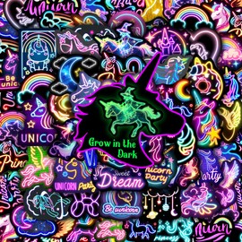51 Pcs Neon Unicorns Stickers for Kids Glow in The Dark, Rainbows Sticker for Water Bottle, Vinyl Waterproof Laptop Decals for Teens Girls Boys, Students Adults Sticker Pack
