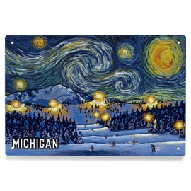 Lantern Press 6x9 Inch Metal Sign, Michigan, Starry Night, Ski