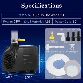 Small Fountain Pumps Submersible Outdoor, 480GPH Durable 25W Outdoor Water Pump with 6.5ft Tubing & 4 Nozzles for Aquarium, Pond, Fish Tank, Water Pump Hydroponics, Backyard Fountain