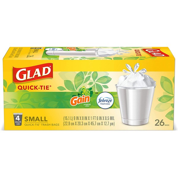 Glad Trash & Food Storage OdorShield Small Trash Bags, Gain Original & Febreze, 4 Gal, 26 Ct - Pack of 6 (Package May Vary) (COMINHKG128835)