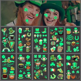 92Pcs St-Patrick's Day Shamrock Tattoos - Glow in The Dark Temporary Face Tattoos Luminous Fake Temp Stickers Lucky Irish Saint Pattys Makeup Party Birthday Decorations Favors Supplies 10 Sheets