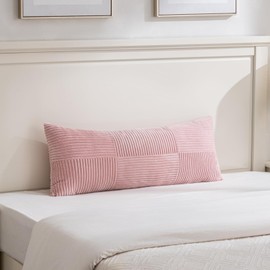 Fancy Homi Set of 1 Blush Pink Boho Long Lumbar Body Decorative Throw Pillow Cover 14x36 Inch for Bed Couch Bedroom Bench, Soft Patchwork Corduroy Textured Pillow Case, Rustic Farmhouse Room Decor