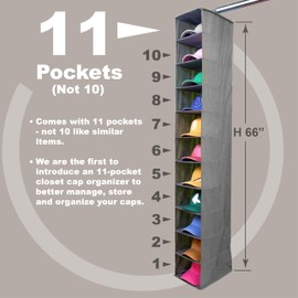 Perfect Curve 11-Pocket Hanging Baseball Hat Organizer - Gray Hat Storage Rack for Closet, Holds Up to 100 Caps. Also store shoes or sneakers or towels. Multiple uses.