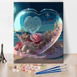 Paint by Numbers Kit for Adults, Landscape DIY Paint by Numbers, Heart-Shaped Glass Crystal Art Paint by Numbers Kit for Adults White Beach Canvas Acrylic Painting Arts and Craft 16x20Inch Frameless