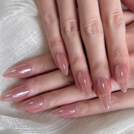 24 PCS Almond Medium Shape Mirror Metal Stiletto Fake Nails Pink Chrome Nails Natural Fake Nails