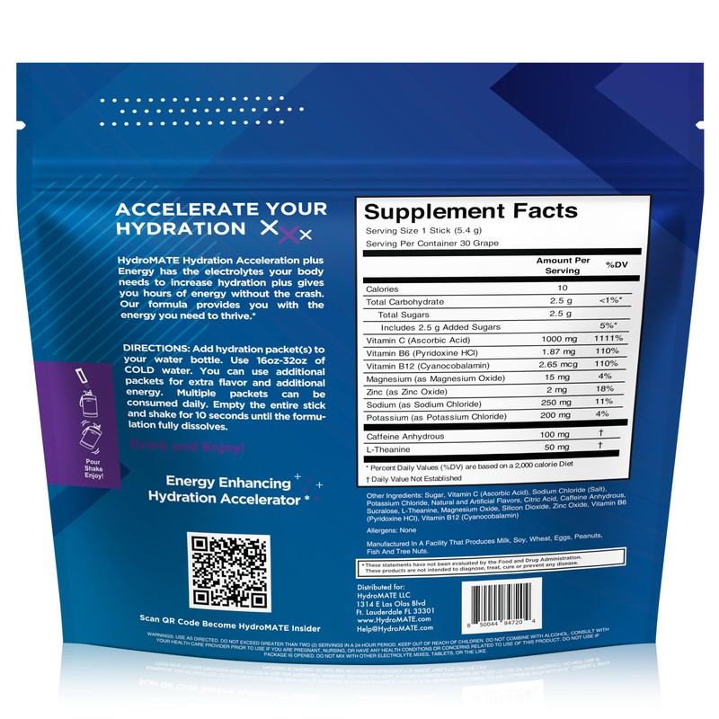 HydroMATE Electrolytes Powder Drink Mix Packets Hydration Accelerator Low Sugar