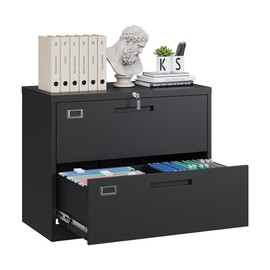 Yizosh 2 Drawer Black File Cabinet with Lock, Filing Cabinet for Home Office, Metal Locking Office File Storage Cabinet with Drawers, Lateral Filing Cabinet Organizer for Letter/Legal/F4/A4