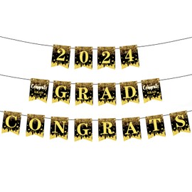 2024 Graduation Party Banner - Congrats Grad! Black & Gold Graduation Decorations with NO DIY Required. Celebrate the Class of 2024 with this Congratulations Banner. Perfect for Graduation Party and Decorations.
