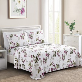 Marina Decoration Ultra Soft Silky Deep Pocket Rich Printed Bedding Rayon Derived from Bamboo All Season 6 Pieces Sheet Set with 4 Pillowcases, Pink Light Floral Pattern Queen Size
