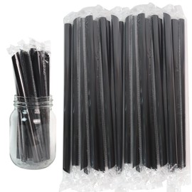 100 Pack Jumbo Smoothie Straws, Chetexus Black Smoothie Straws Plastic Disposable Wide-mouthed Milkshake Straws, Individually Wrapped Straws (0.43" Diameter and 7.48" Long)