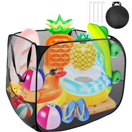 Pop up Pool Toy Storage Bin,32"X32"X30"Pool Float Organizer Bag with 2 Side Pockets Mesh Swimming Pool Toys Organizer with 4 Ground Nails for Inflatable Toys, Float, Beach Ball and Pool Accessories