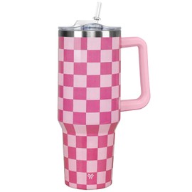 Wesncdch 40 oz Tumbler with Handle and Straw Lid | Vacuum Insulated Leak Proof Tumbler | Stainless Steel Water Bottle Cup Gifts for Moms Dads Women Men Him Her | Pink Checkered