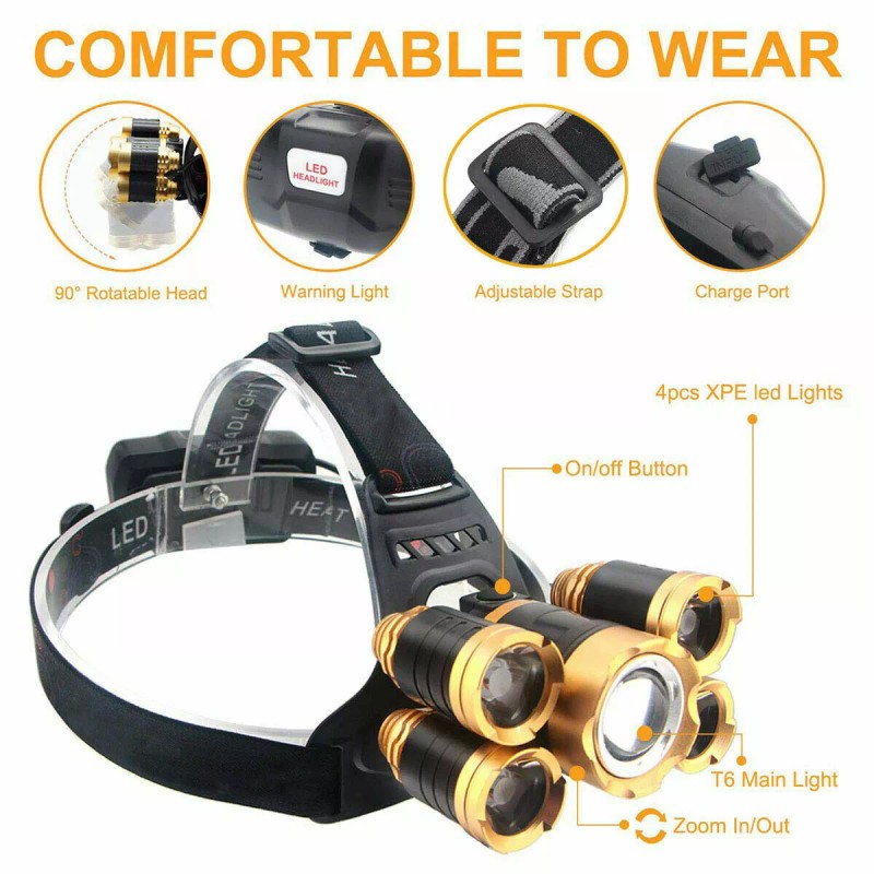 premiumwire Super Bright 5X Headlamp Rechargeable Head Light Flashlight Torch