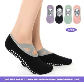 Yoga Socks, 4 Pairs of Women's Yoga Socks, Non-Slip Socks, Grip Socks with Straps, Pilates Socks, Stopper Socks for Ballet, Pilates, Dance, Workout with Cushion, black