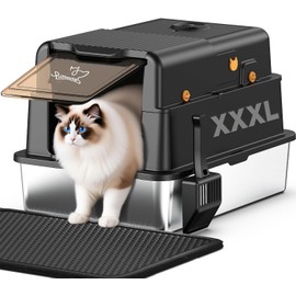 L8 Max-XXXL Stainless Steel Litter Box with Lid, Extra Large Enclosed Metal Cat Box for Large & Multi-Cats, Odor Control-Cat Litter Deodorizer, High Sided Enclosure with Scoop&Mat, Anti-Leakage-Black
