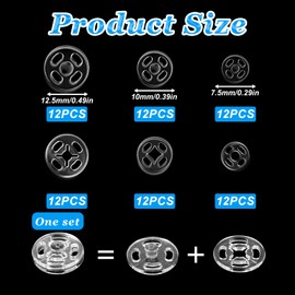 Plastic Snaps for Fabric, 36 Pcs 3 Sizes Round Clear Snaps for Sewing Invisible Sew on Snap Button Fasteners for Sewing DIY Crafts Clothing Shirt Pant (7.5mm, 10mm, 12.5mm)
