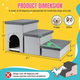 HOMELYSIAN Dog Stairs for High Beds, Folding Pet Steps for Small Dogs and Cats with Storage and Condo, Non-Slip Dog Steps for Couch and Bed up to 22 inches(3 Steps, Grey-Dark Grey)