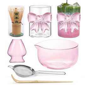 Pink Matcha Set Whisk, matcha Bowl with Spout,Glass Bow Matcha Cup for Iced Coffee Matcha Latte,Sifter,Bamboo Whisk Holder,Scoop 6pcs Cute Matcha Kit Japanese Tea Set Ceremonial Gifts