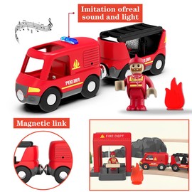 LiRiQi Wooden Train Fire Brigade Fire Engine Children Fire Brigade Ladder Vehicle with Light and Sound, Train Set Toy Compatible with Thomas, Brio, Toy Car for Toddler Boys Girls