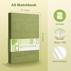 Arrtx Premium Hardcover Sketch Book, 8.5"x6.1" A5 Sketchbook, 60 Sheets/120 Pages, 180 GSM Thick Acid-Free Drawing Paper, Hardbound Sketch Pad with Inner Pocket, Green