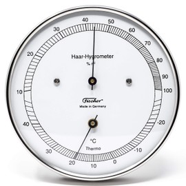 Fischer 111.01T - Hair Hygrometer & Thermometer - 103 mm Outdoor Humidity Meter Made in Germany - Stainless Steel Silver