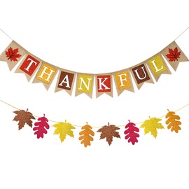 CUUSNNY Thankful Burlap Banner with Maple Leaves,Glitter Rustic Fall Thanksgiving Decorations for Mantle Fireplace,Harvest Party Supplies Autumn Home Decor