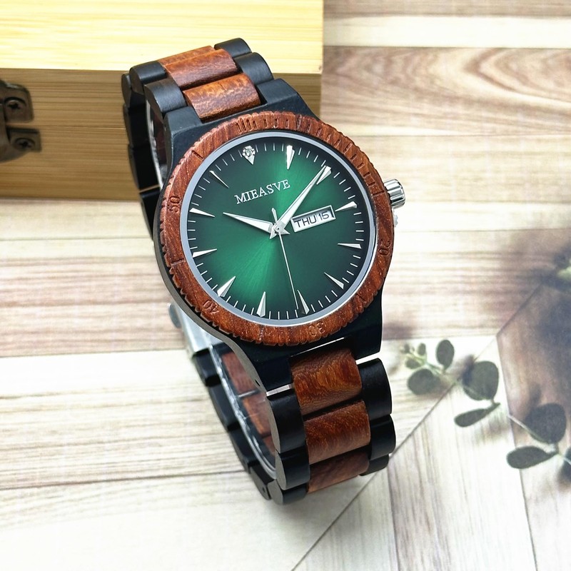 Men's Wood Watches Quartz Wooden Watch Japanese Movement Calendar Display