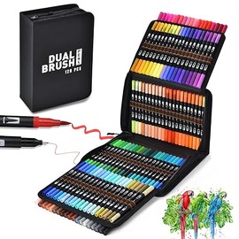 120 Colores Plumones Doble Punta Pencil, POVOLE Marcadores a Base de Agua No Toxico Para Niños y Adultos, Cepillo de Nailon 1-2mm y Punta Fina 0.4mm, Colorear Rotuladores Lettering Dibujar Caligrafía