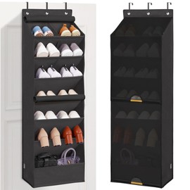 STORAGE MANIAC Over the Door Shoe Organizer with Curtain Dustproof Heavy-Duty Large Deep Pocket Hanging Shoe Organizer for Closet Dorm & Narrow Door Storage Shoe Holder Shoe Rack, 7-Shelf Black 1 Pack