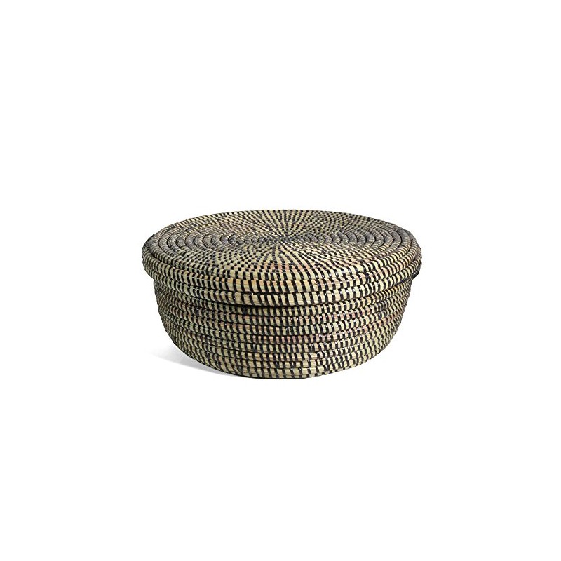 African Fair Trade Handwoven Lidded Storage Basket, Black/Natural