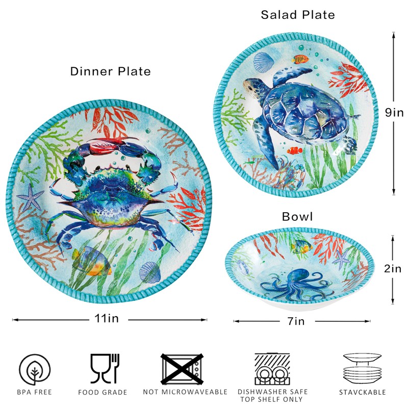 ZAROCRUS Coastal Dinnerware Sets, Ocean Theme Unbreakable Kitchen Plates and