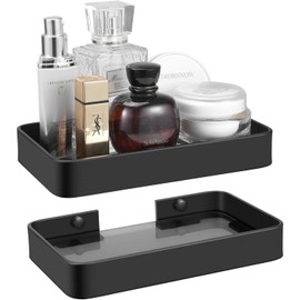 Z metnal Small Glass Bathroom Shelves, Matte Black Bathroom Floating Shelf, Mini Wall Shelf for Bathroom Organizer, Wall Mounted, 2Pcs, Dark Glass, 8 inch
