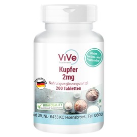 Kupfer 2mg - 200 Tabletten - Kupferbisglycinat - Hochdosiert - Bioverfügbar - Qualität aus Deutschland - ViVe Supplements
