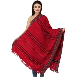 Exotic India Shawl from Nagaland with Woven Border and Thread Weave - Color High Risk Red