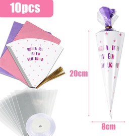 Pack of 10 Small School Cones 20 cm for First Day of School for Girls Pink School Cone Craft Set Sugar Bags for Filling Sibling School Cone for School Child First Day of School Party Boys and Girls